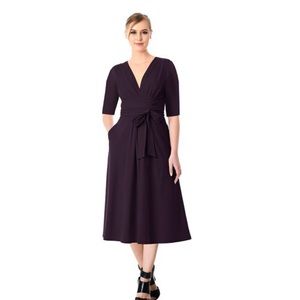 Tie Waist Empire Cotton Knit Dress - Purple
